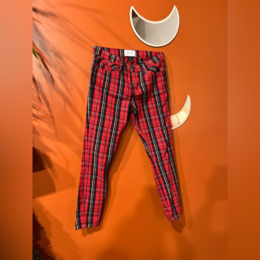 Current Elliot red plaid jeans.
